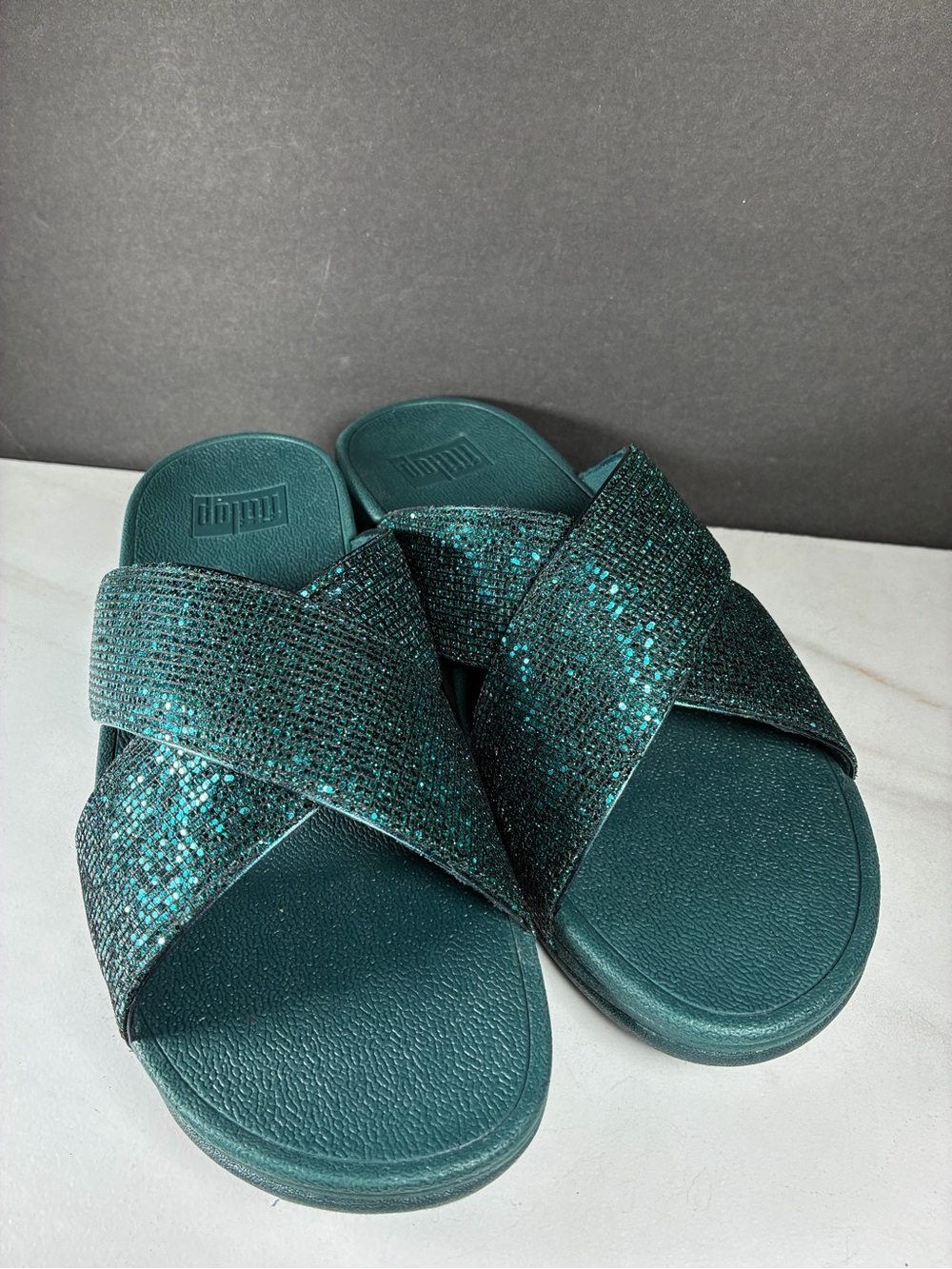 FitFlop Dark Teal Glitterball Crystal Sparkle Crossband Slide Sandals